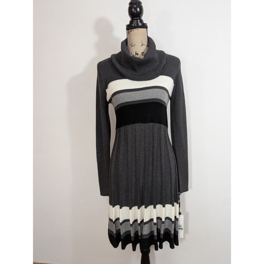 NWT Calvin Klein Pleated Cowl Neck Knit Sweater Dress A-Line Gray Size Large L